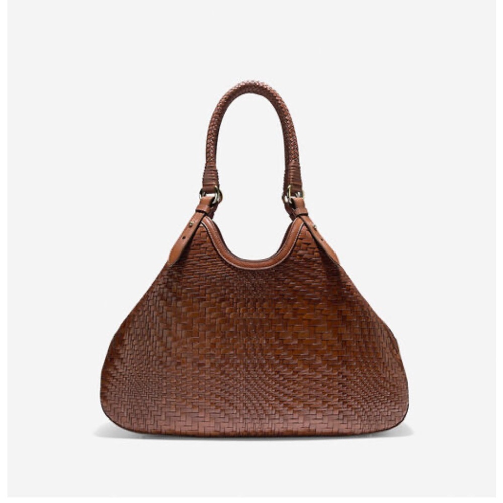 Cole Haan Genevieve Woven Large Leather Triangle Tote Bag in Brown